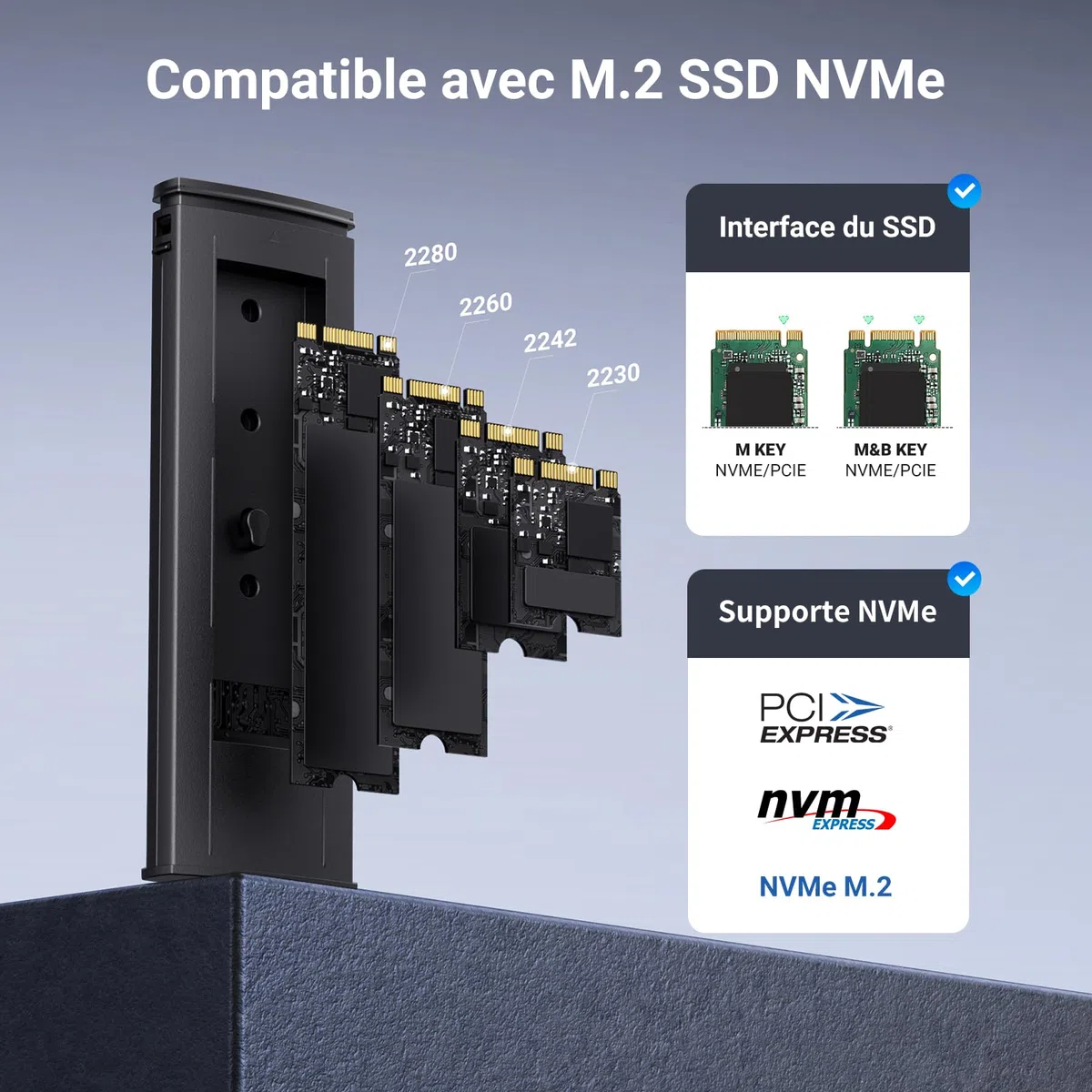 UGREEN Boîtier M.2 SSD NVMe USB 3.2 Gen 2 10 Gbps Adaptateur NVMe SSD M.2 2230 2242 2260 2280 Compatible avec iPhone 17 Pro Max Air 16 15 Mac MacBook PC Windows Linux PS5 Xbox Deux Câbles Inclus