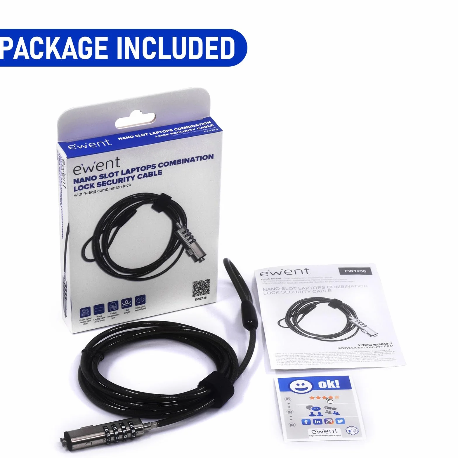 Ewent Câble de Sécurité à Combinaison pour Ordinateurs Portables, câble de sécurité pour ordinateur portable, PC, projecteurs, Protection Antivol avec Câble 1,8m Résistant aux Coupures avec fente NANO