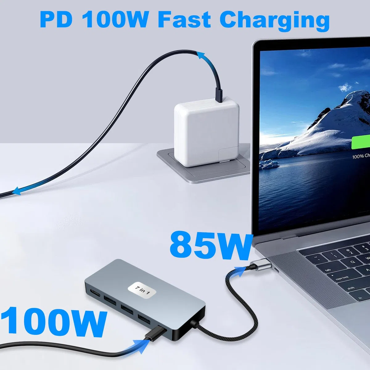 Hub USB C Adaptateur Multiport 7 en 1 pour 2 Écrans (Dual HDMI 4K) Dock USB C avec 3 USB 3.0 5Gbps, 100W PD Charge pour PC,Laptop,MacBook,Dell,HP,Samsung,Souris,Clavier,DisqueU etc.