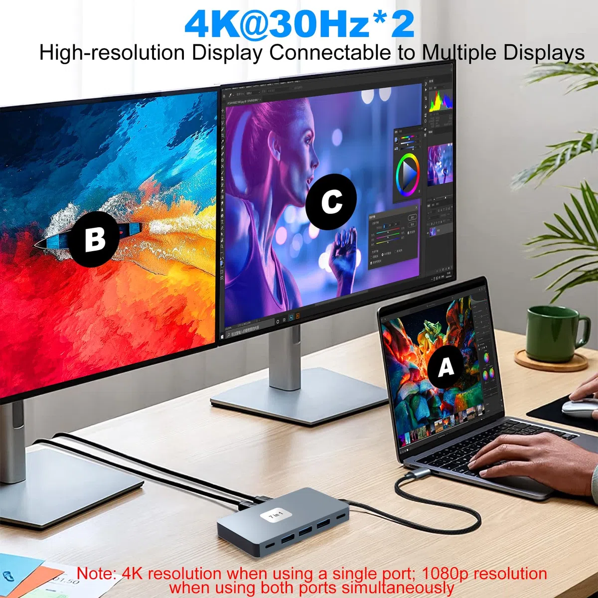 Hub USB C Adaptateur Multiport 7 en 1 pour 2 Écrans (Dual HDMI 4K) Dock USB C avec 3 USB 3.0 5Gbps, 100W PD Charge pour PC,Laptop,MacBook,Dell,HP,Samsung,Souris,Clavier,DisqueU etc.