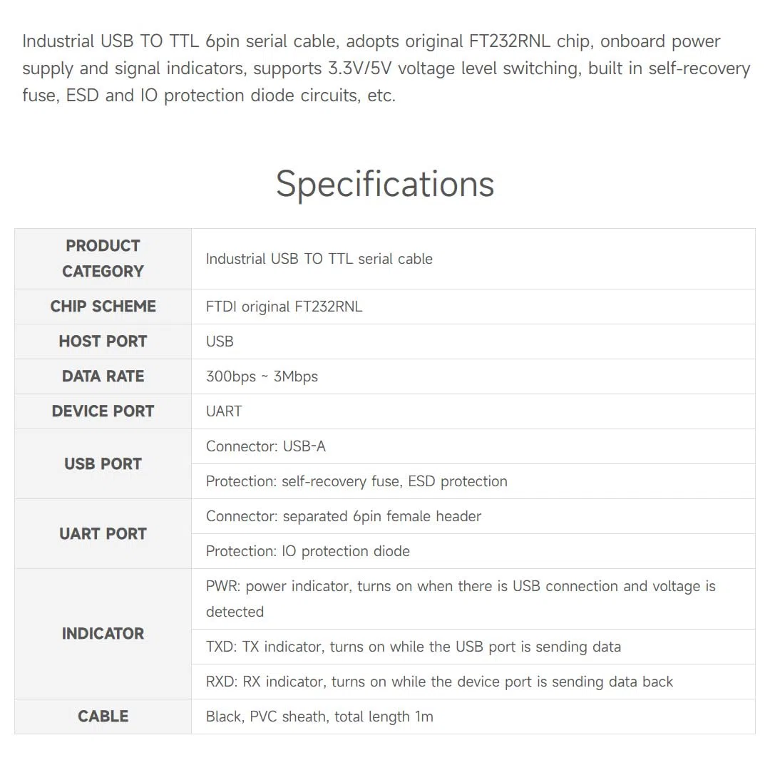 Waveshare Industrial USB TO TTL (C) 6pin Serial Cable, FT232RNL Chip, Multi Protection Circuits, for Win7/8/10/11/Mac/Linux, Hardware Flow Control, for Serial Port Debugging of Industrial Equipments
