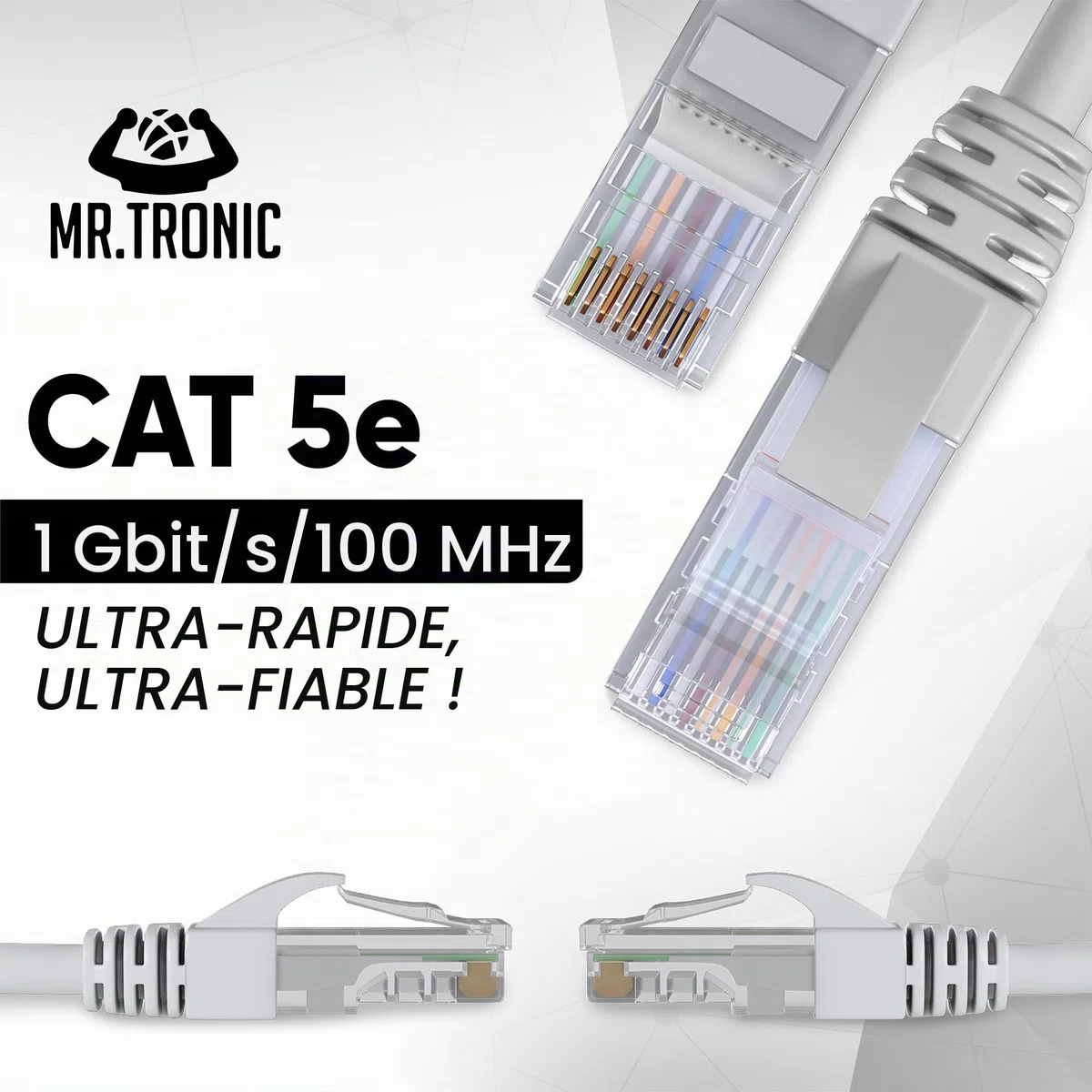 Mr. Tronic Câble Ethernet 5m, Reseau LAN Cat 5E Haut Debit Pour une Connexion Internet Rapide & Fiable | Câble Ethernet AWG24, Cat5E RJ45 UTP CCA 1 Gbps (5 Mètres, Gris)