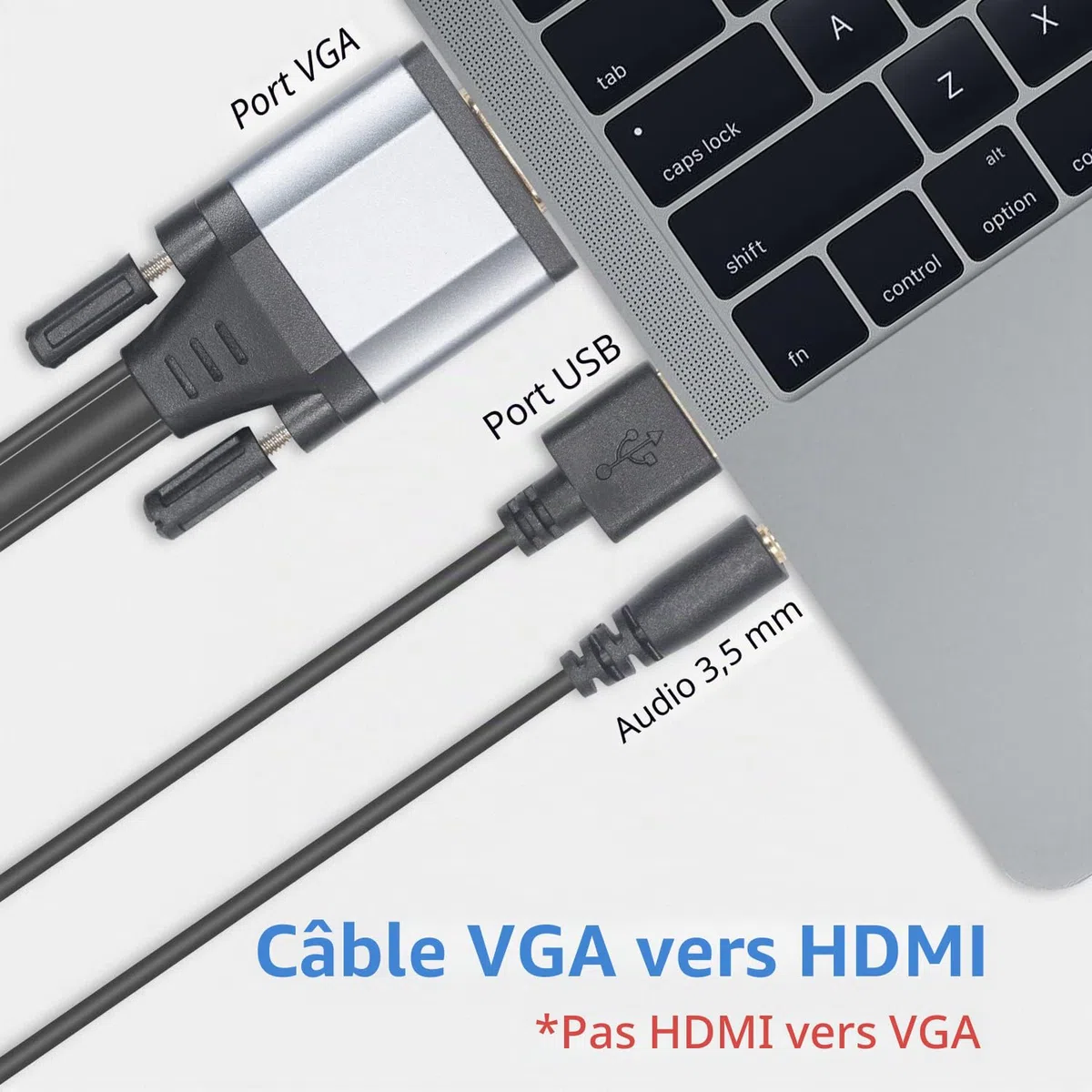 Duttek Câble VGA vers HDMI avec Port Audio 3,5 mm et USB 2.0, Convertisseur HDMI mâle vers VGA mâle 1080p pour Moniteur, TV, Ordinateur - 1,5 m