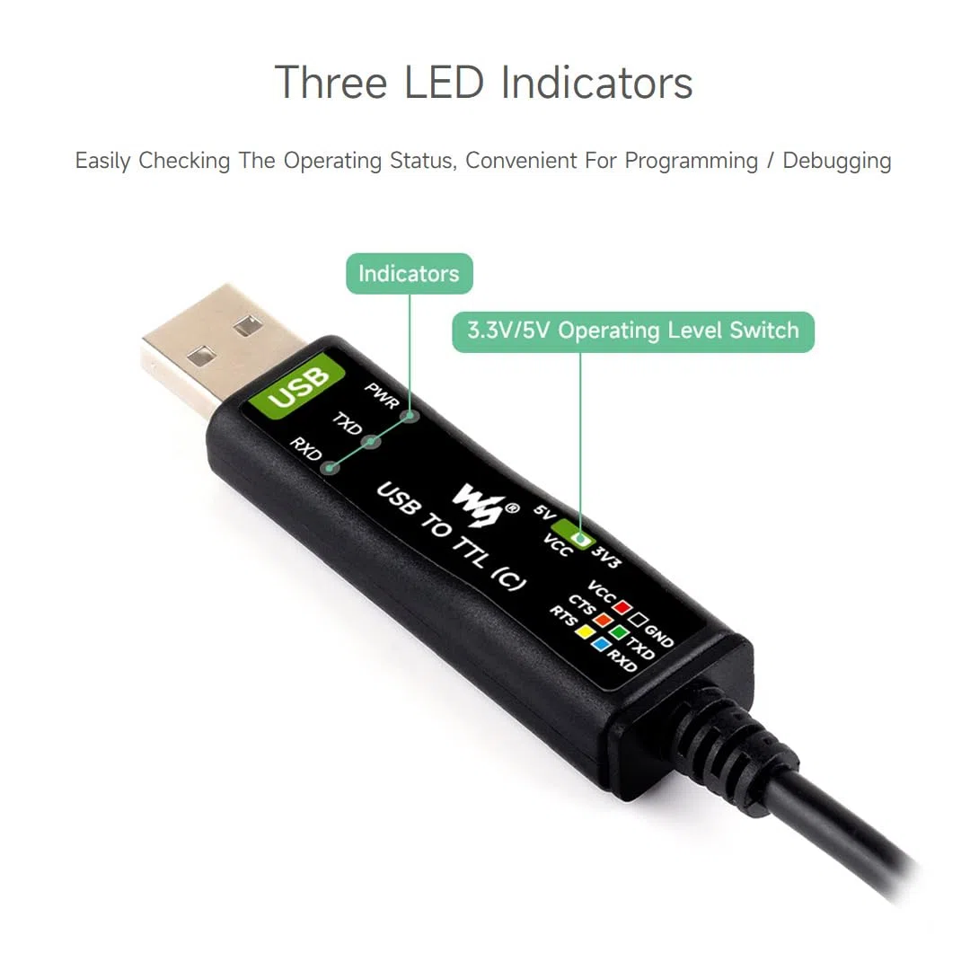Waveshare Industrial USB TO TTL (C) 6pin Serial Cable, FT232RNL Chip, Multi Protection Circuits, for Win7/8/10/11/Mac/Linux, Hardware Flow Control, for Serial Port Debugging of Industrial Equipments