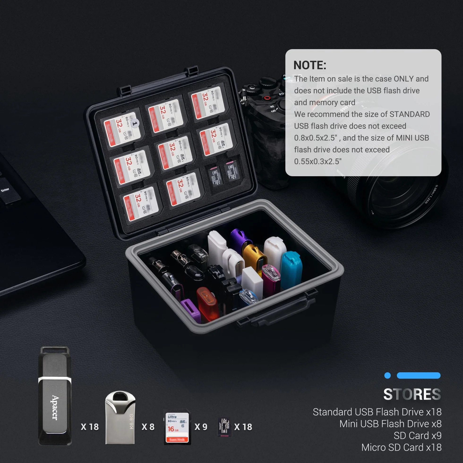 JJC Boîtier de rangement 2 en 1 pour clé USB et carte mémoire - Étui pour 25 clés USB + 9 cartes SD + 18 micro SD - Résistant à l'eau et aux chocs - Organisateur de voyage et quotidien