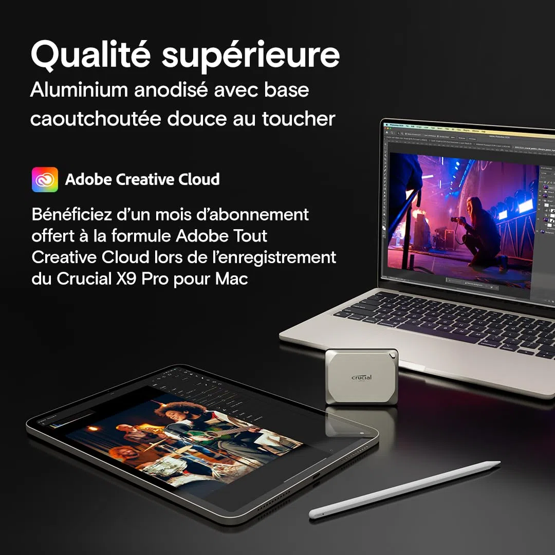 Crucial X9 Pro pour Mac 1To Disque SSD Externe Portable, Jusqu’à 1050Mo/s en Lecture et en écriture, prêt pour Mac, Résistance à l’Eau et à la poussière IP55, USB-C 3.2 - CT1000X9PROMACSSD9B02