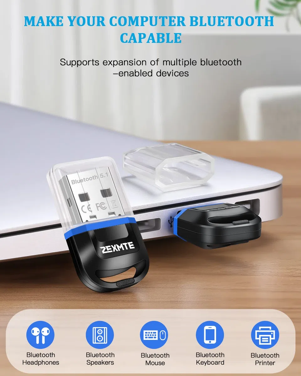 Adaptateur Bluetooth USB 5.1, ZEXMTE Dongle Bluetooth sans Fil émetteur Récepteur pour Ordinateur Portable, PC, Compatible avec Windows 11/10/8/7/xp, Souris, Clavier Et Casque