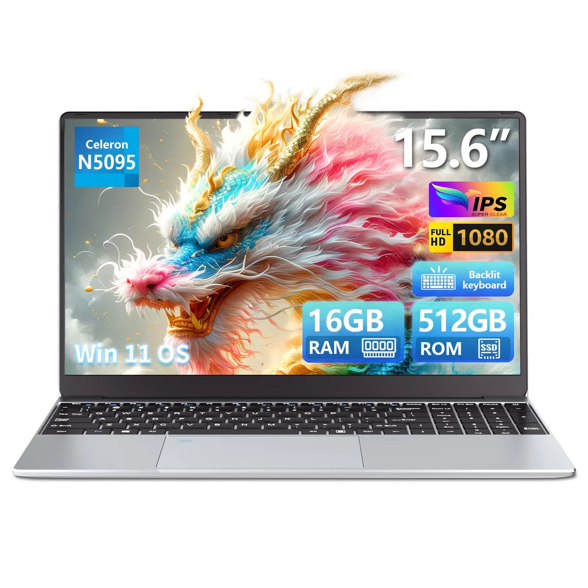 Ordinateur Portable 15,6 Pouces, Win 11 PC Portable 16Go LPDDR4 RAM 512Go SSD, 180°Flip 1080P Écran Laptop, Celeron N5095 CPU, Clavier Rétro-éclairé/Déverrouillage Empreinte, Webcam+BT4.2+USB3.0+WiFi5