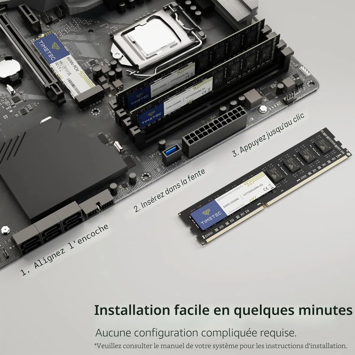 Timetec 4 Go DDR3L/DDR3 1600MHz PC3L-12800/PC3-12800 Non-ECC sans Tampon 1.35V/1.5V CL11 2Rx8 Double Rang 240 Broches UDIMM Ordinateur de Bureau mémoire RAM Module Mise à Niveau