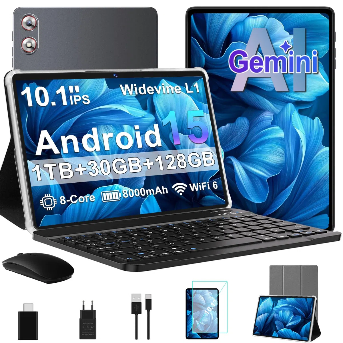 Tablette tactile Android 15 Gemini AI 10,1 Pouces, 30Go RAM+128Go ROM, Gris