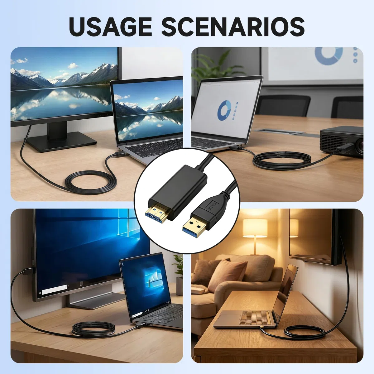 Câble USB 3.0 vers HDMI, 1.8m USB 3.0/2.0 1080P vers HDMI Mâles pour PC HDTV Projecteur Ordinateur Portable, Compatible avec Windows 11/10/8/7 MacOS