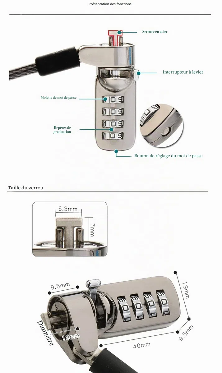 Computer Lock 4 Chiffres Mot de Passe de sécurité pour Ordinateur Portable PC 2 m Noir (1pcs) (Computerized Lock x1)