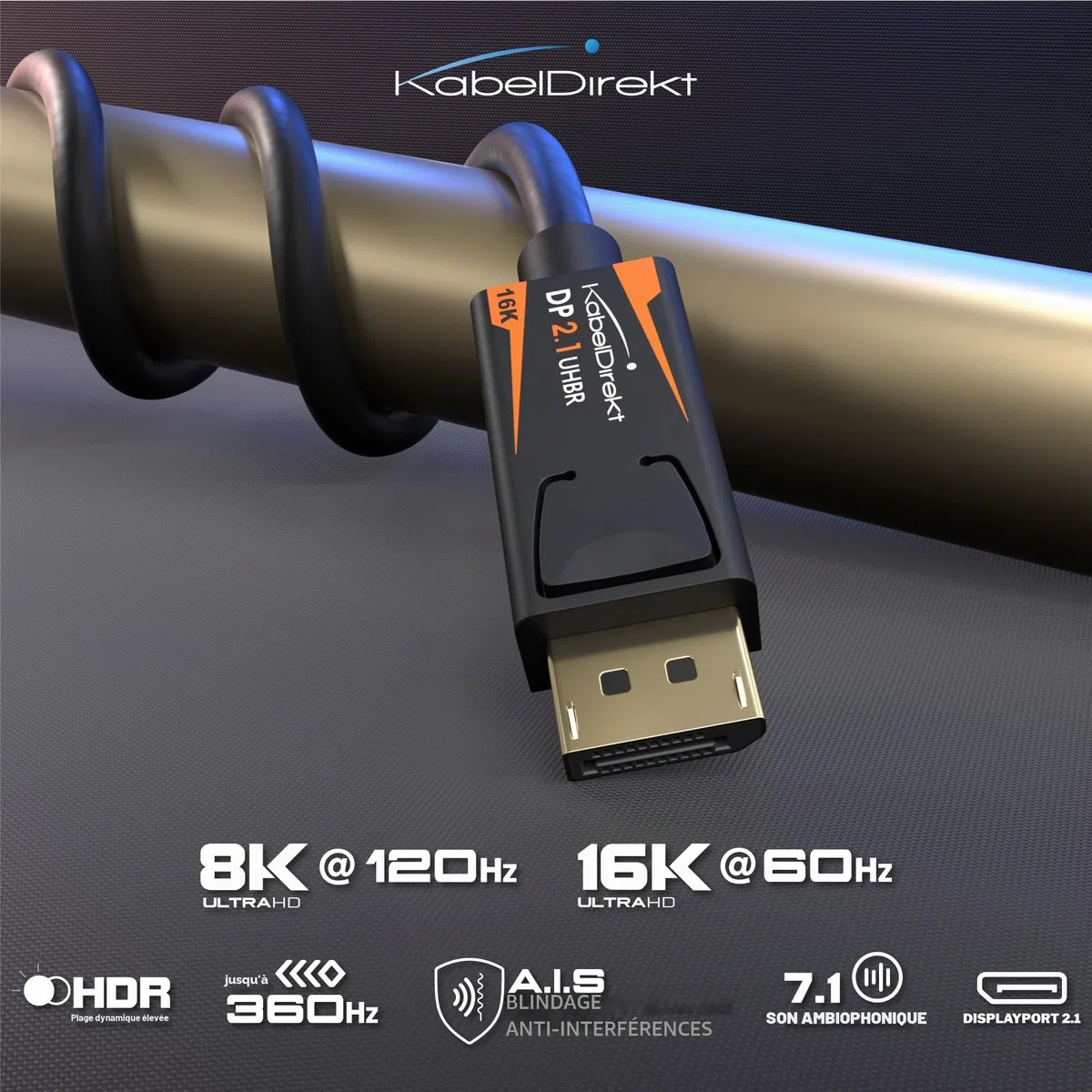 KabelDirekt – Câble DisplayPort 2.1/DP 2.1 – 2m – UHBR, DP80 80 Gbit/s pour PC de jeu/Cartes graphiques avec FreeSync/G-Sync, Résolutions et Taux de Rafraîchissement : 16K@60Hz, 8K@120Hz, 4K@240Hz