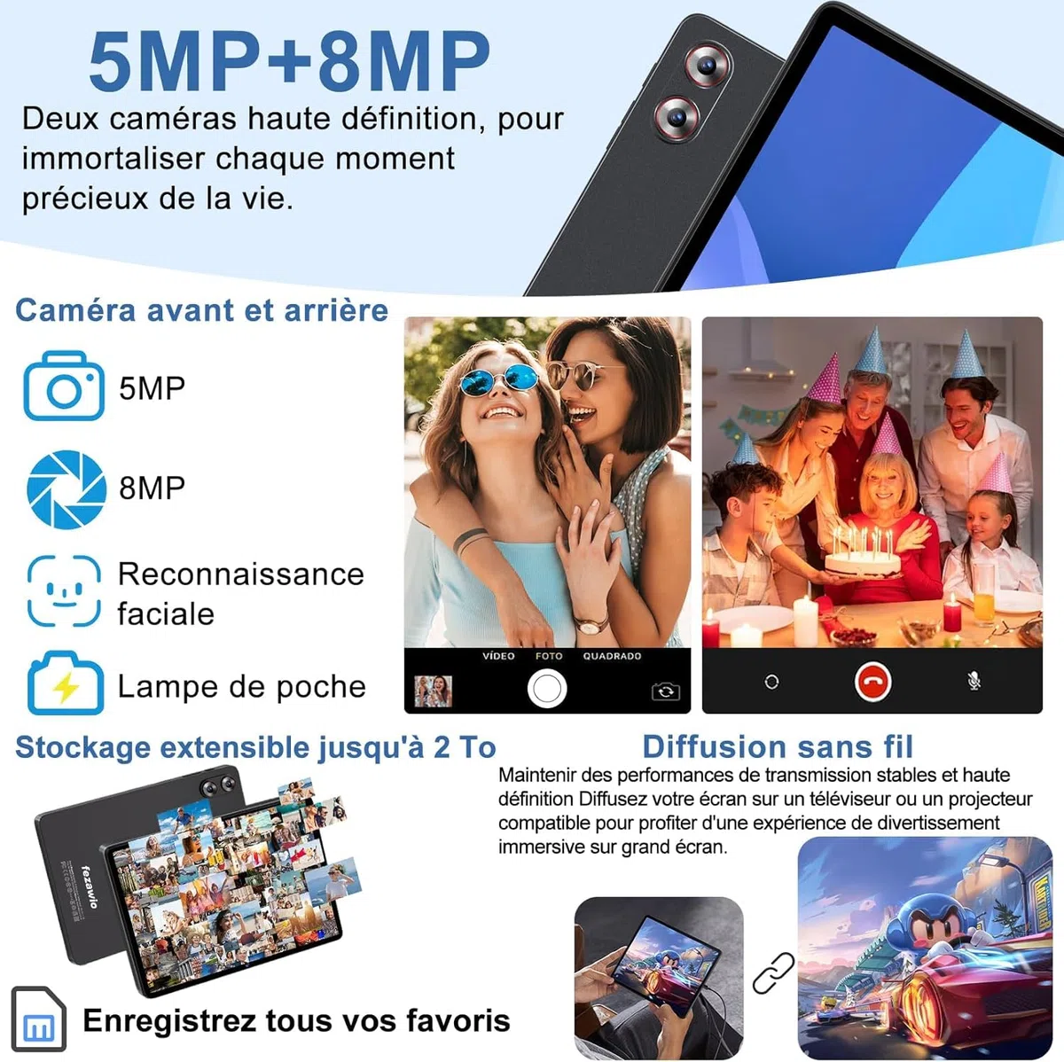 Tablette tactile Android 15 Gemini AI 10,1 Pouces, 30Go RAM+128Go ROM, Gris