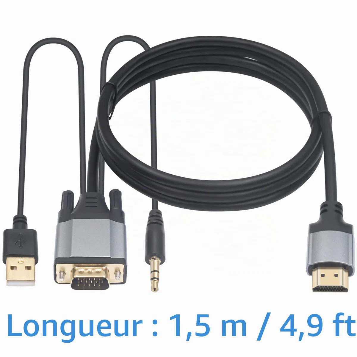 Duttek Câble VGA vers HDMI avec Port Audio 3,5 mm et USB 2.0, Convertisseur HDMI mâle vers VGA mâle 1080p pour Moniteur, TV, Ordinateur - 1,5 m