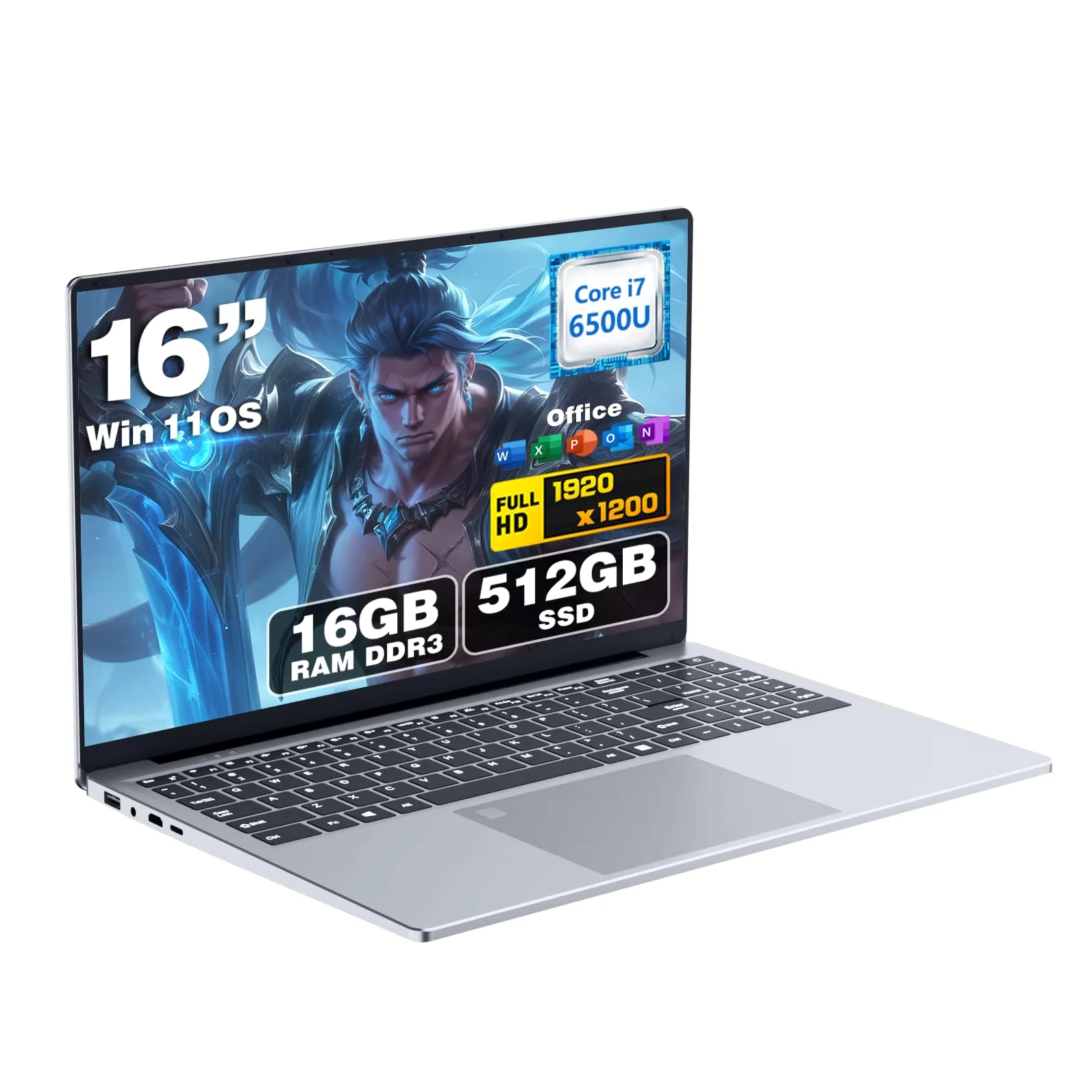 16 Pouces Ordinateur Portable avec Core i7 6500U Processeur, Win 11 PC Portable 16Go RAM 512Go SSD, Laptop écran 1920 x 1200 IPS, USB 3.0, HDMI, BT 5.0, WiFi 5 Pavé Numérique Rétroéclairé
