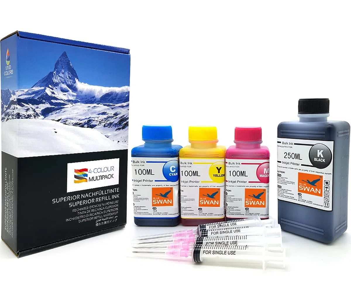 BLUE SWAN Kit de Recharge d’Encre 550 ML Compatible HP 304 / 304XL – pour HP Envy 5030, 5020, 5010 et DeskJet 2620, 2622, 2630, 3720, 3730, 3750, 3760 – 4 Couleurs avec Seringues et Gants