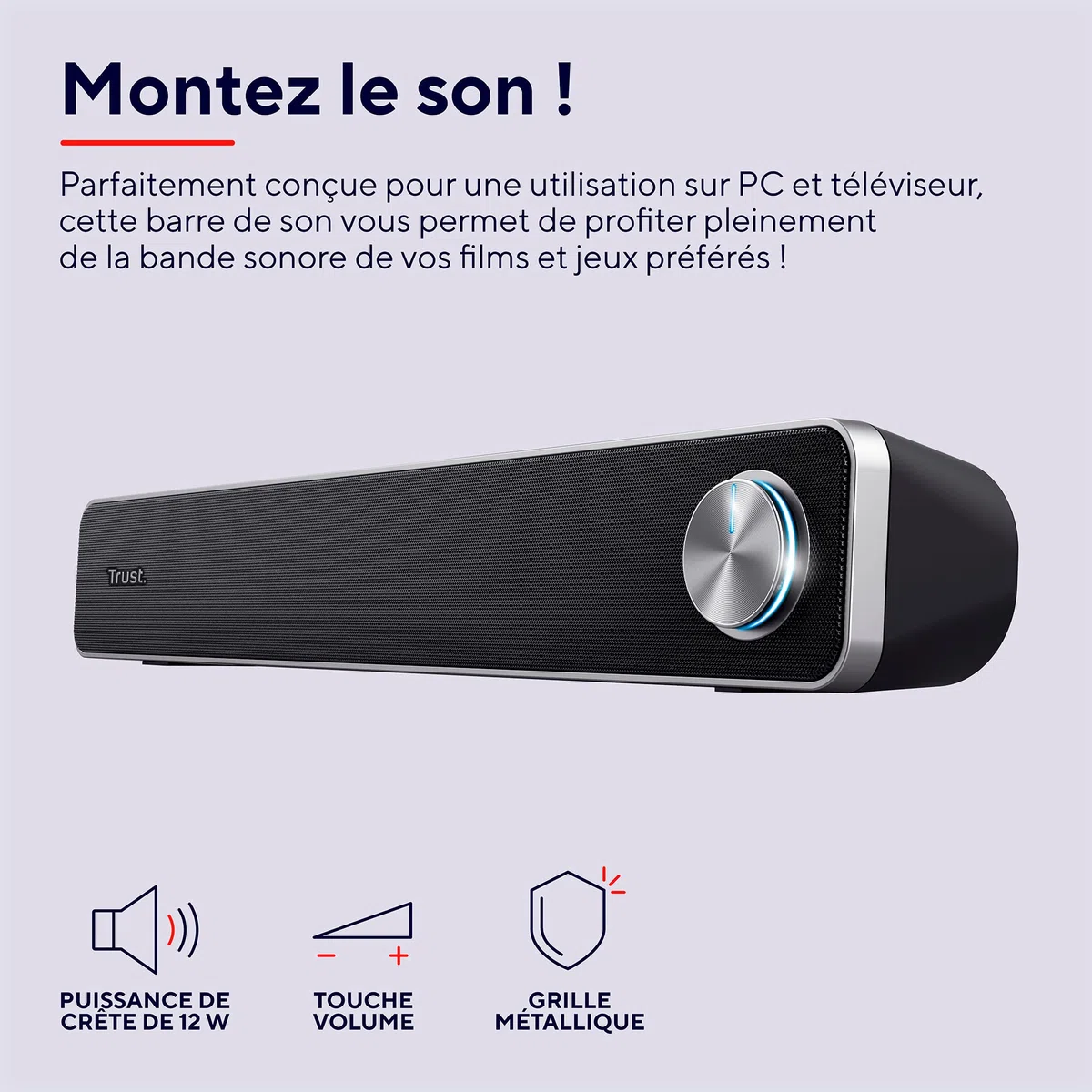 Trust Arys Enceinte PC, 12 Watt, Barre de Son PC, Alimentation USB, Jack 3,5 mm, Haut Parleur pour Ordinateur Portable, Tablette, et TV - Noir