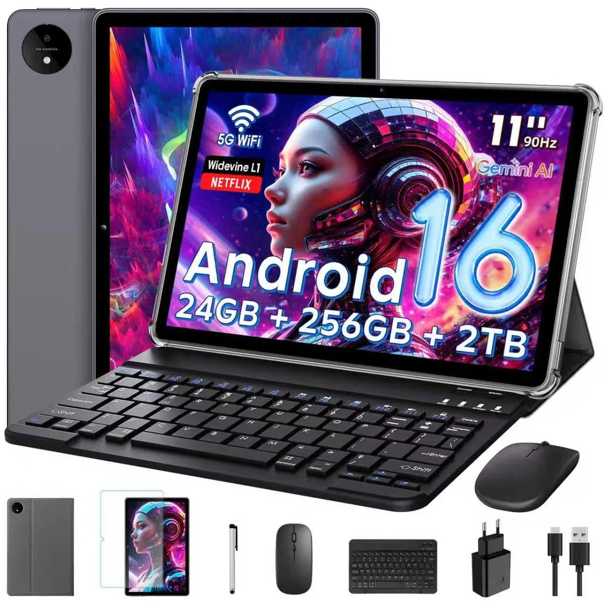 11 Pouces Tactile Android 16 Tablette avec Gemini AI|T7250 Octa-Core| 24Go RAM+256Go ROM(TF 2To)| 16MP+8MP|1920x1200 IPS HD Display|Certifié Widevine L1|GPS|8000mAh|5G WiFi|Clavier+Souris+Coque (Gris)