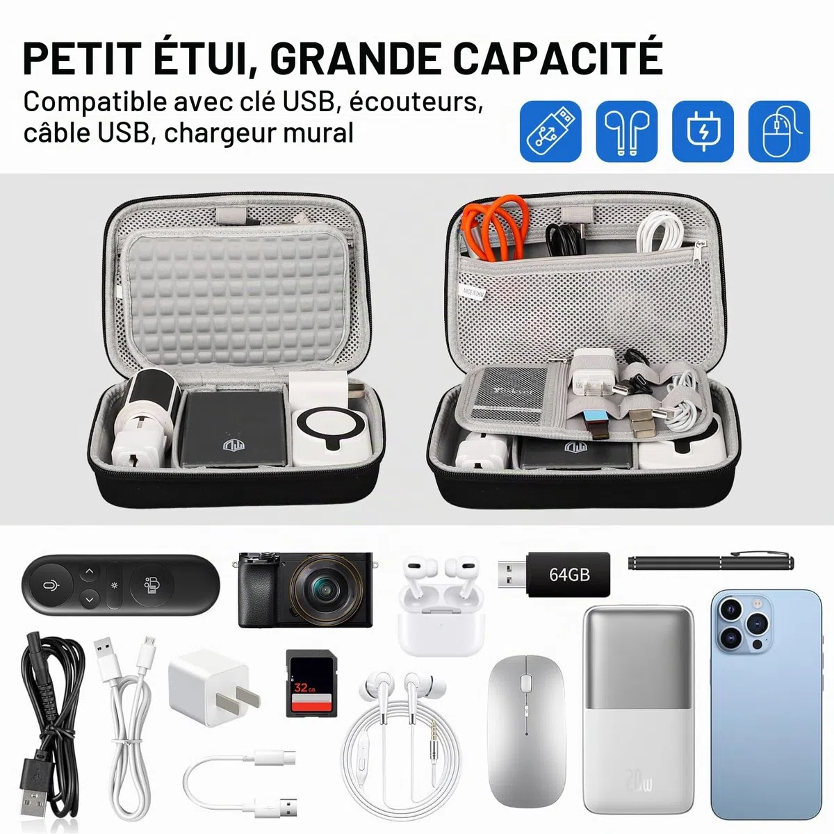 Teskyer Sac Rangement Cable Voyage - Coque Rigide, Imperméable, Meilleure Protection, Grande Capacité, Portable, Voyage Accessoires, 14 x 22 x 6,5 cm, Noir
