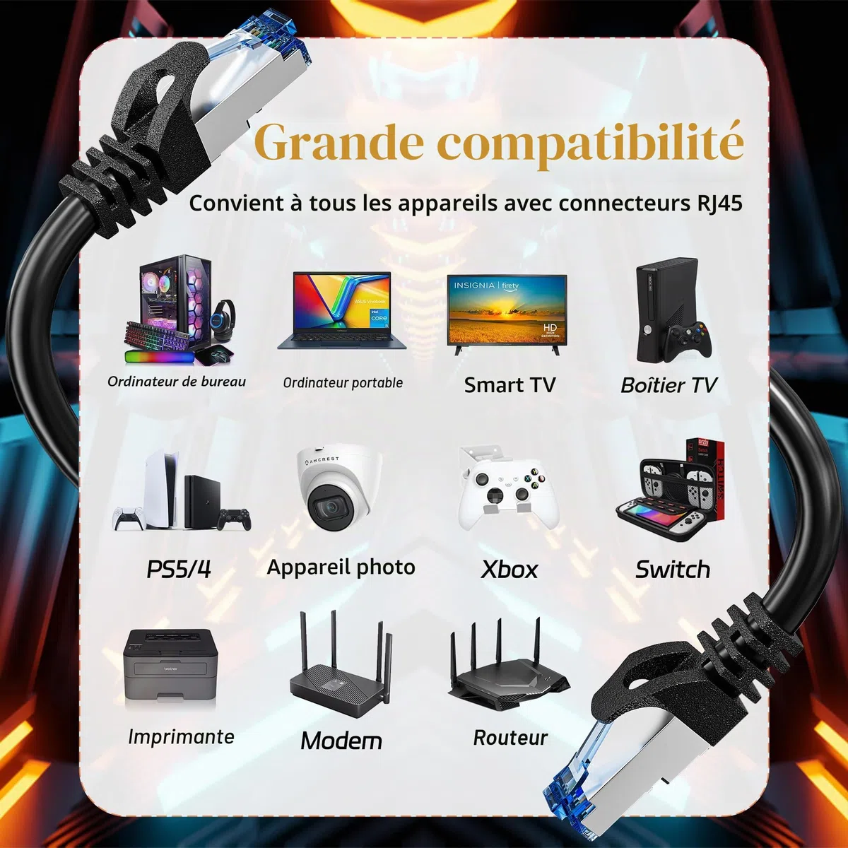 Câble Ethernet 10m Noir, Câble Rj45 10m Cat 6, Cable Reseau Haut Débit Gigabit Cable Internet Blindé FTP 23AWG Câbles LAN Exterieur Intérieur Imperméable pour Routeur Switch Modem - 250MHz 1000Mbps
