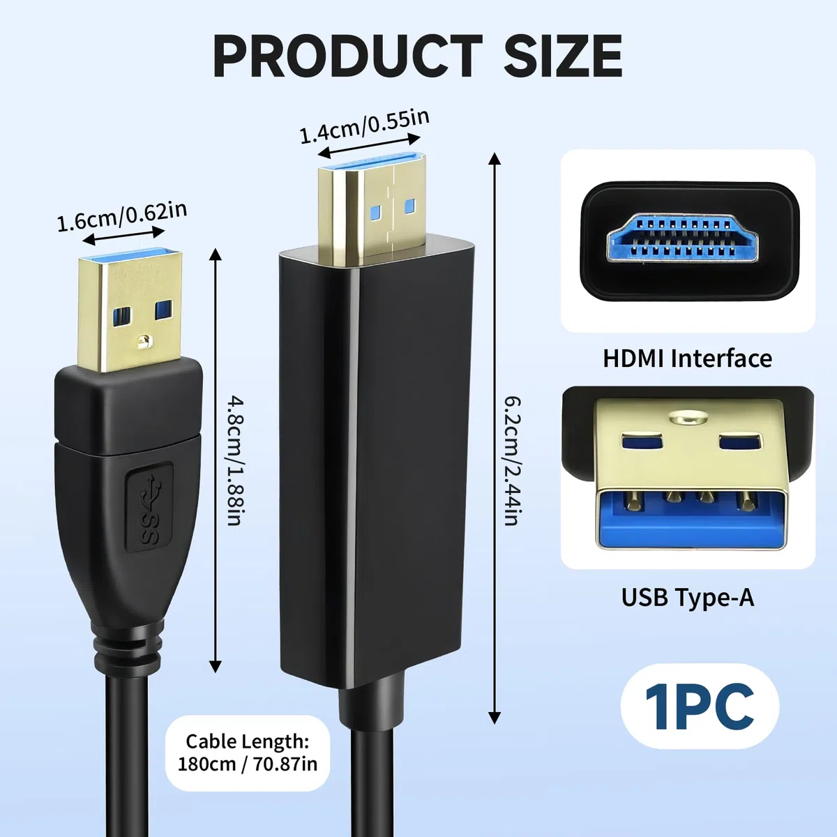 Câble USB 3.0 vers HDMI, 1.8m USB 3.0/2.0 1080P vers HDMI Mâles pour PC HDTV Projecteur Ordinateur Portable, Compatible avec Windows 11/10/8/7 MacOS