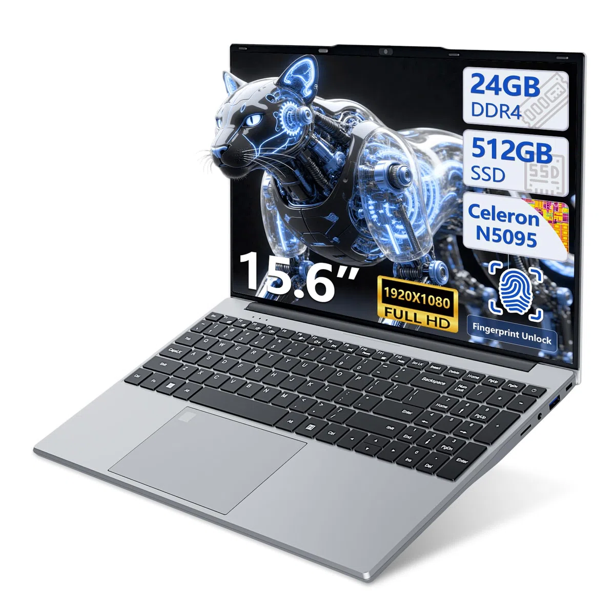 PC Portable Win11, 15,6 Pouces Ordinateur Portable 24Go LPDDR4 RAM 512Go SSD, Celeron N5095 CPU, Clavier Rétro-éclairé/Déverrouillage Empreinte, 180°Flip 1080P Écran Laptop, Webcam+BT4.2+USB3.0+WiFi5