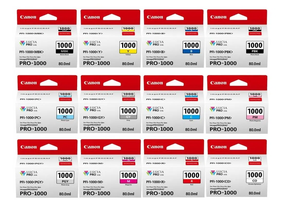 Canon Cartouches d'encre d'origine PFI-1000, PFI1000 PBK, MBK, Y, M, B, PC, PM, GY, PGY, M, R, CO (80 ml chacune) Multipack complet dans son emballage d'origine, compatible avec imagePROGRAF PRO-1000