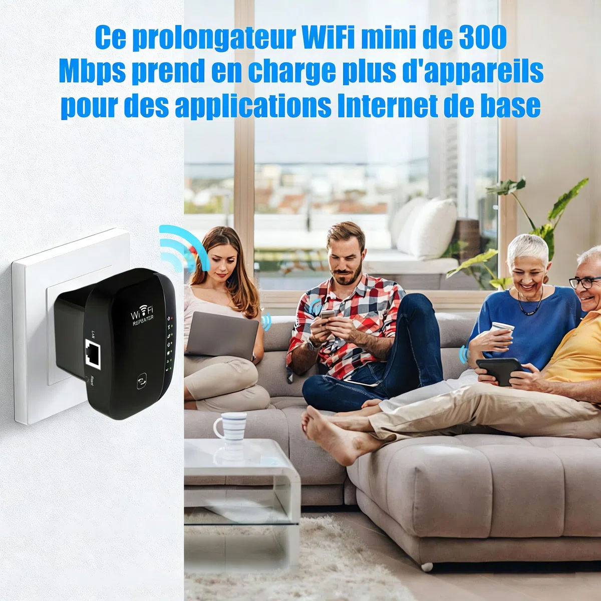 Amplificateur WiFi, répéteur WiFi, Couvre jusqu'à 300 m² et 45 appareils - avec Port Ethernet, Installation Rapide, amplificateur de Signal sans Fil Domestique, Prise européenne