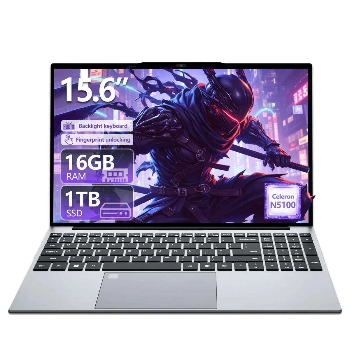 15.6 Pouces Ordinateur Portable, Win 11 PC Portable 16 Go RAM 1To SSD Processeur N5100 carte graphique UHD, Laptop 1980*1080 IPS FHD Écran pavé numérique/clavier rétroéclairé/Touch ID, WiFi5/USB3.0