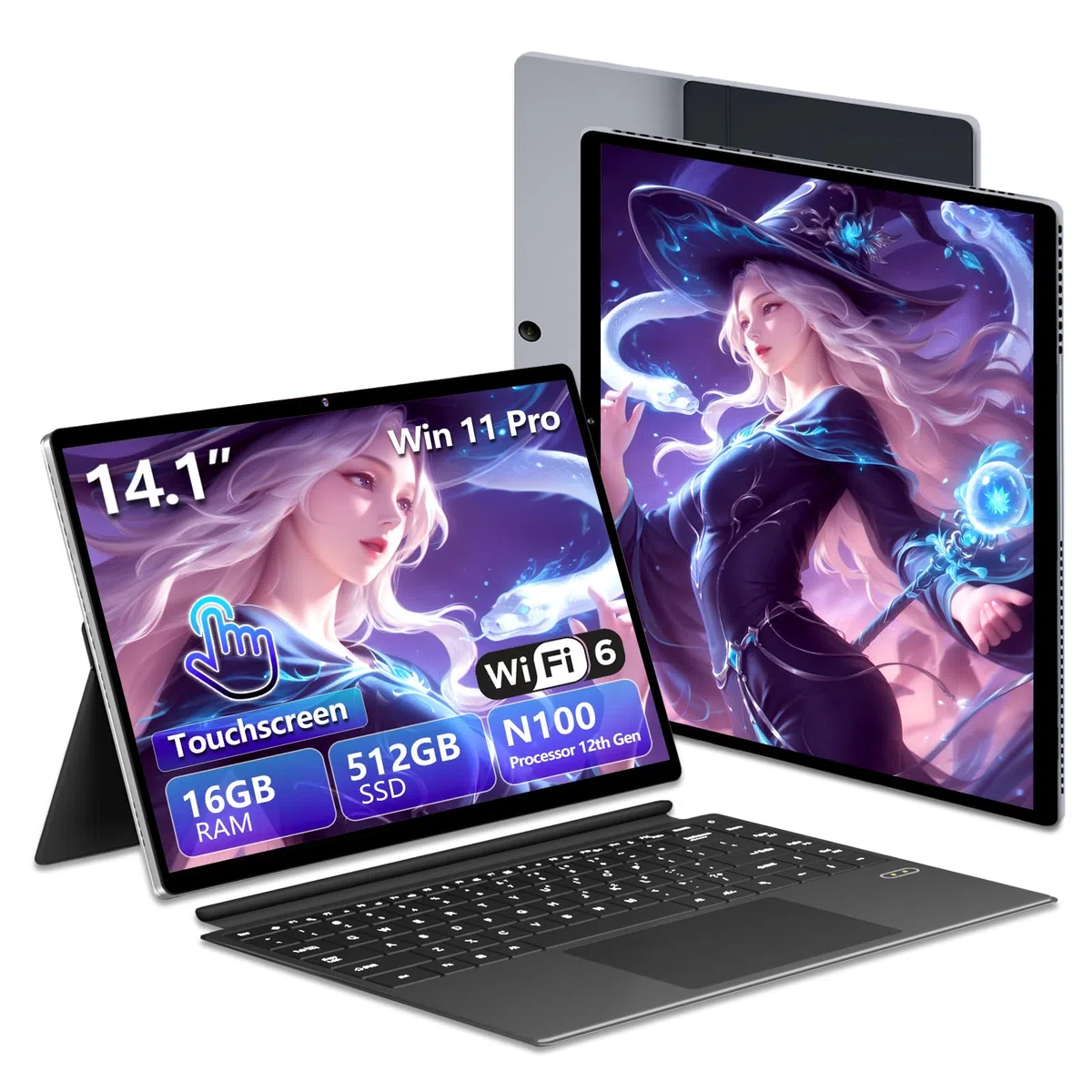 Ordinateur portable 2 en 1, métal PC Portable avec 16 Go RAM 512 Go SSD, Laptop N100 Processeur, écran tactile FHD 14 pouces (1920 x 1200), Wi-Fi 6, Bluetooth 5.2, port USB-C, micro HDMI Win11
