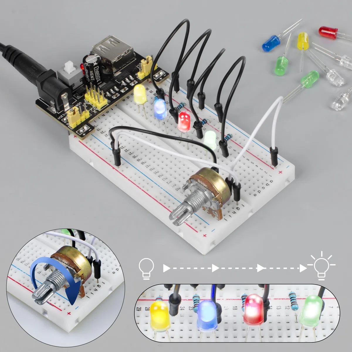 Miuzei Kit de démarrage de Base Compatible avec Arduino avec Carte connectée, Module d'alimentation, câble de Jumper, resistors, LED, Planche de Connexion électronique