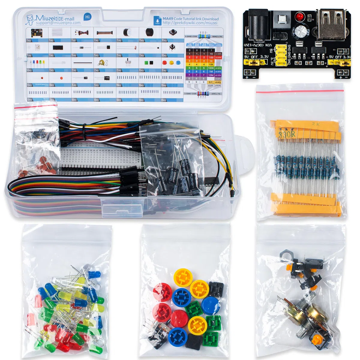 Miuzei Kit de démarrage de Base Compatible avec Arduino avec Carte connectée, Module d'alimentation, câble de Jumper, resistors, LED, Planche de Connexion électronique