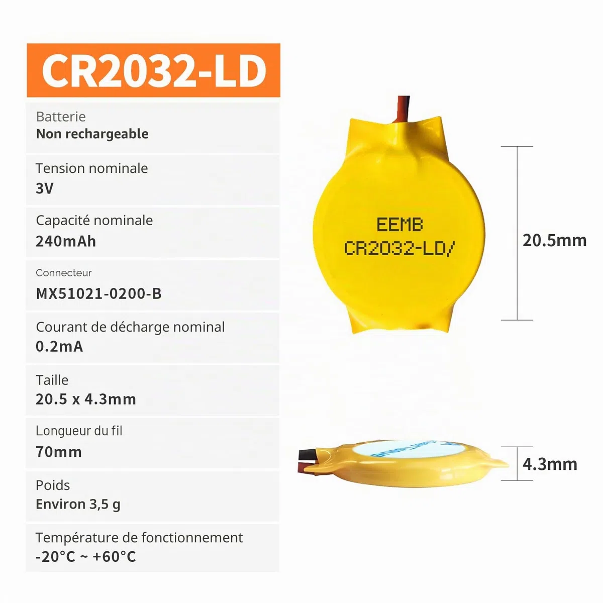 EEMB Lot de 10 Piles CMOS CR2032 3 V avec câbles et connecteur MOLEX pour Ordinateur Portable Intel NUC et ASUS ROG Strix G702 G702V / AsRock AM1H-ITX