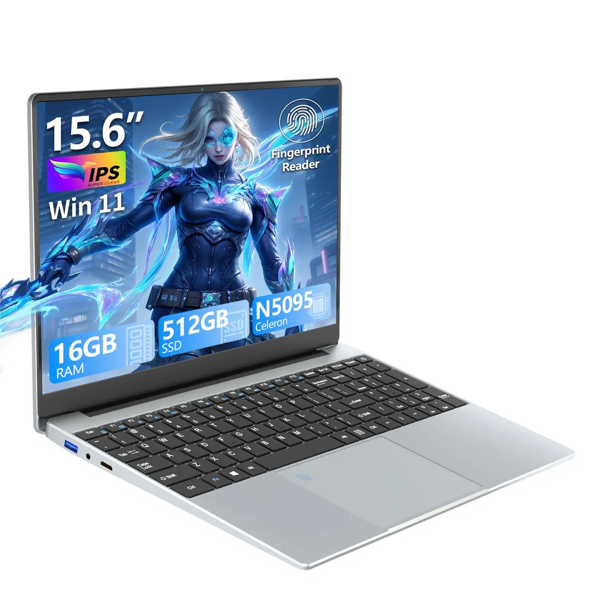 Ordinateur Portable 15,6", Win 11 PC Portable 16Go RAM 512Go SSD, Celeron N5095 CPU, Clavier Rétro-éclairé, Déverrouillage Empreinte, 180°Opening and Closing Laptop 1080P Écran, Mini-HDMI+USB3.0