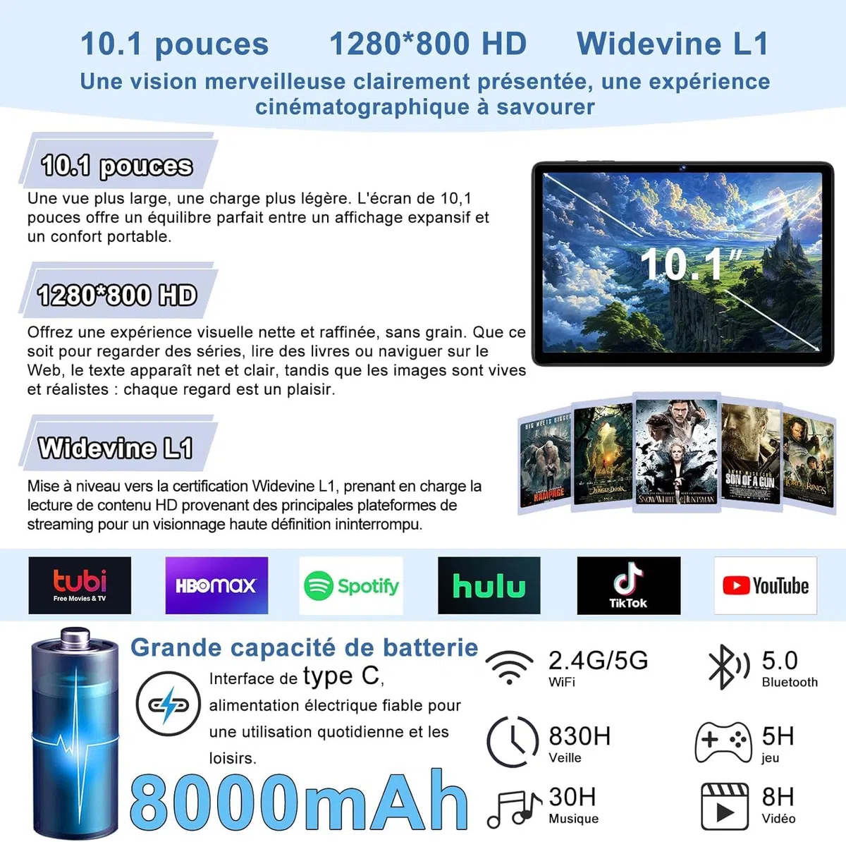 Tablette tactile Android 15 Gemini AI 10,1 Pouces, 30Go RAM+128Go ROM, Gris