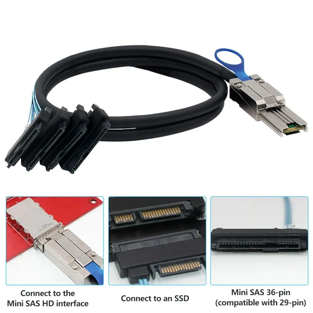 JMT Câble adaptateur pour serveur Mini SAS HD SFF-8088 26P vers 4 x SAS 8482 2 en 1 (50 cm)