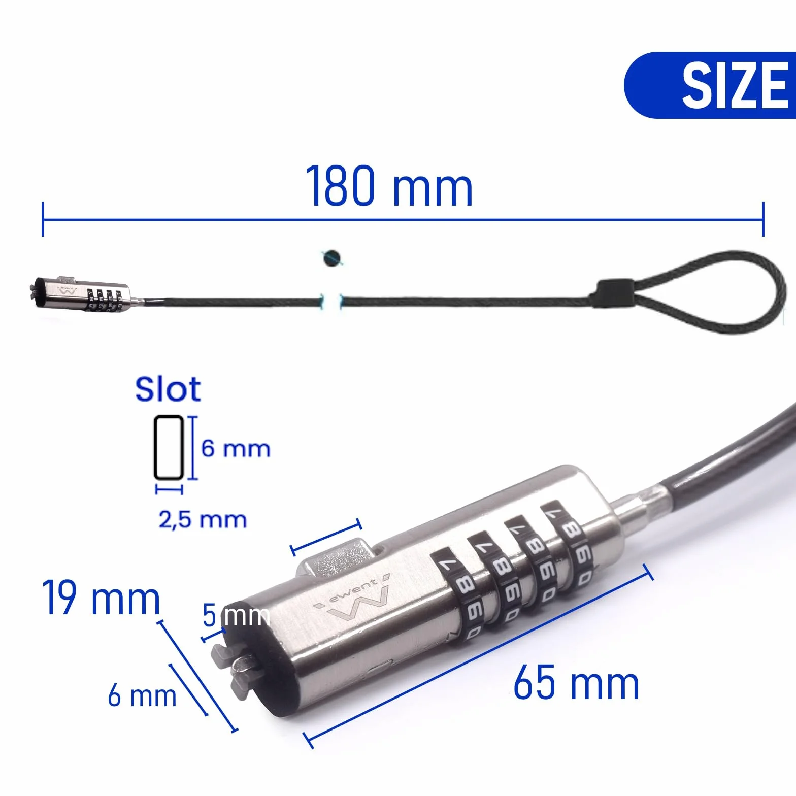 Ewent Câble de Sécurité à Combinaison pour Ordinateurs Portables, câble de sécurité pour ordinateur portable, PC, projecteurs, Protection Antivol avec Câble 1,8m Résistant aux Coupures avec fente NANO
