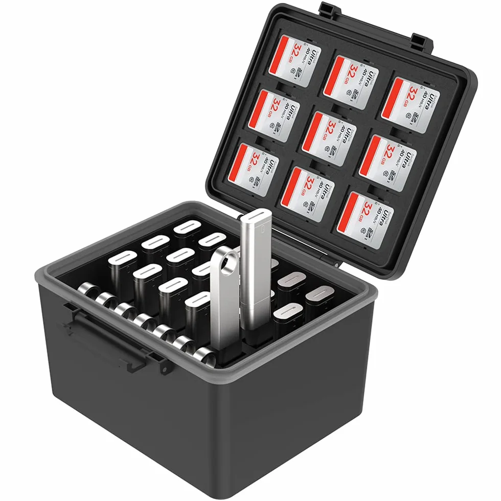 JJC Boîtier de rangement 2 en 1 pour clé USB et carte mémoire - Étui pour 25 clés USB + 9 cartes SD + 18 micro SD - Résistant à l'eau et aux chocs - Organisateur de voyage et quotidien