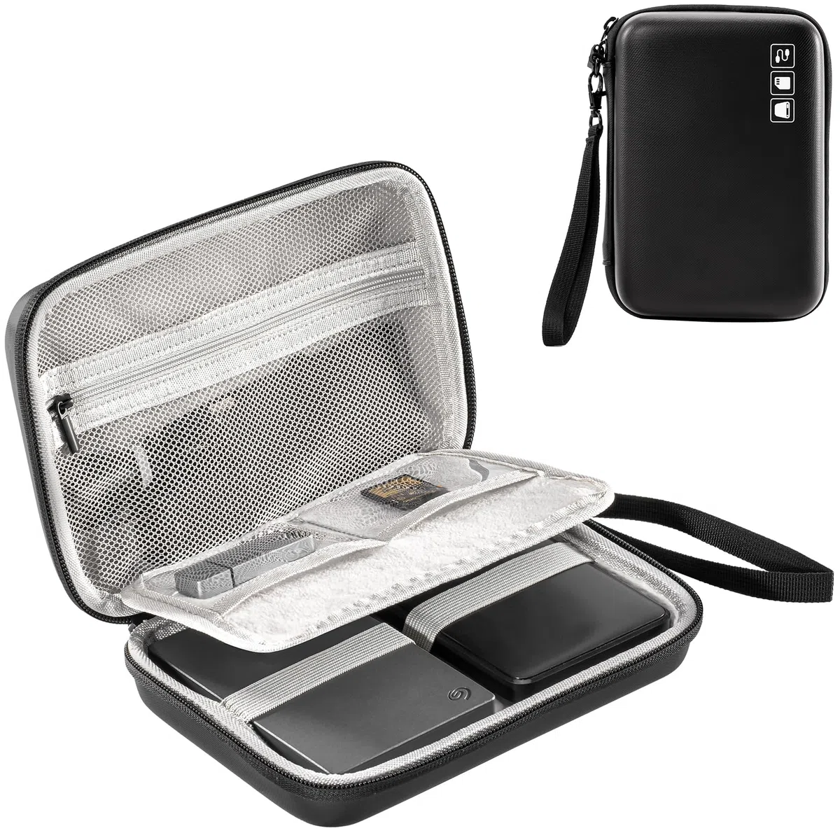 ProCase Étui Housse pour Disque Dur Externe Portable Seagate Basic Western Digital WD Elements Portable Canvio Basics, Boîtier Rigide Protection Antichoc pour Câble, Clé USB, Carte SD, Chargeur-Noir