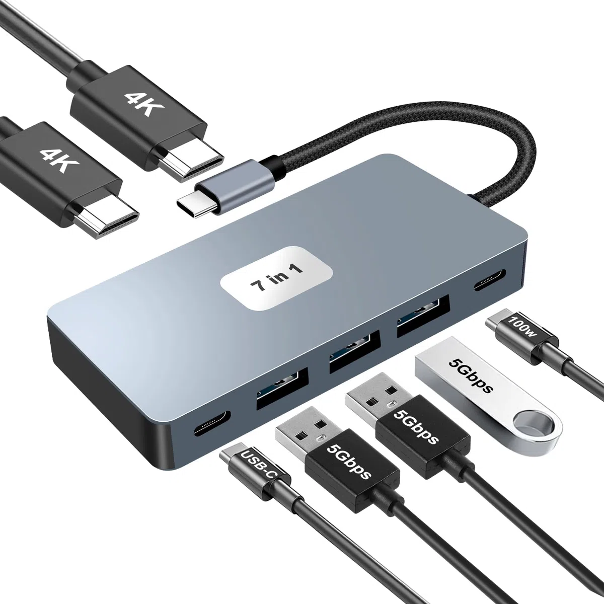 Hub USB C Adaptateur Multiport 7 en 1 pour 2 Écrans (Dual HDMI 4K) Dock USB C avec 3 USB 3.0 5Gbps, 100W PD Charge pour PC,Laptop,MacBook,Dell,HP,Samsung,Souris,Clavier,DisqueU etc.
