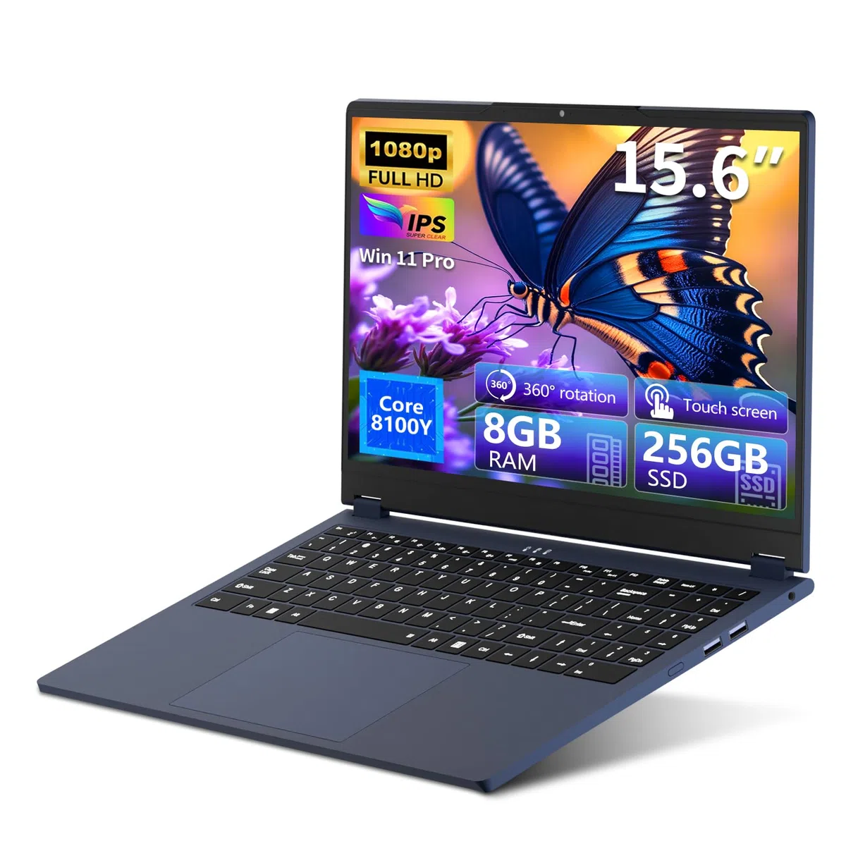 Ordinateur Portable 15,6 ", PC Portable 2-en-1, IPS FHD 1920×1080, processeur Core 8100Y, Laptop 8Go RAM 256Go SSD, Ports RJ45, Type-C, USB 3.0, Bluetooth 5,Wi-FI 5,Pour l'étude et le travail