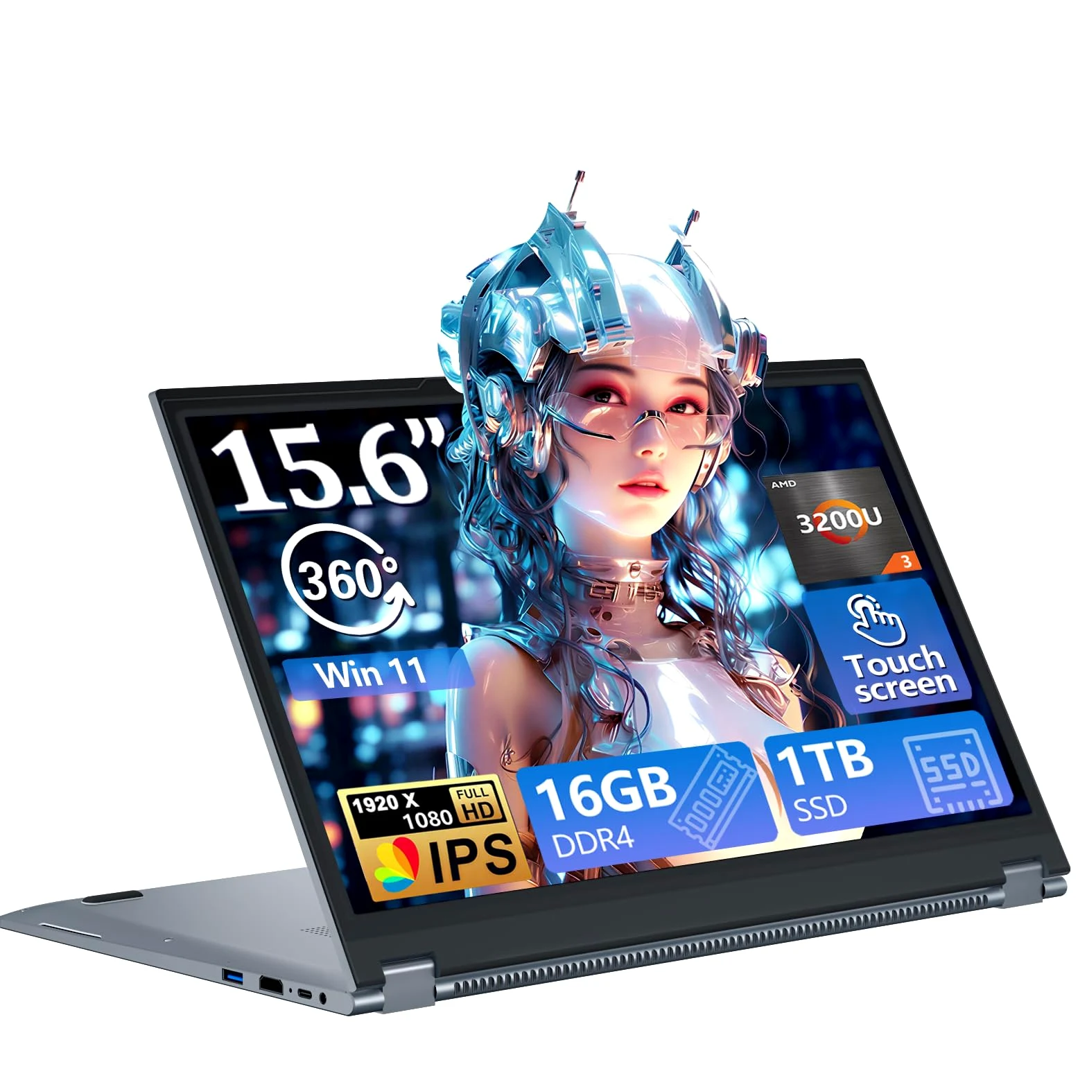 Ordinateur Portable 15,6 Pouces 2-en-1 - PC Portable Win 11, 16Go RAM 1To SSD, Laptop avec Processeur Ryzen 3 3200U, Écran Tactile IPS FHD 360° Rotation, Graphiques Radeon, Léger avec RJ45 Type-C