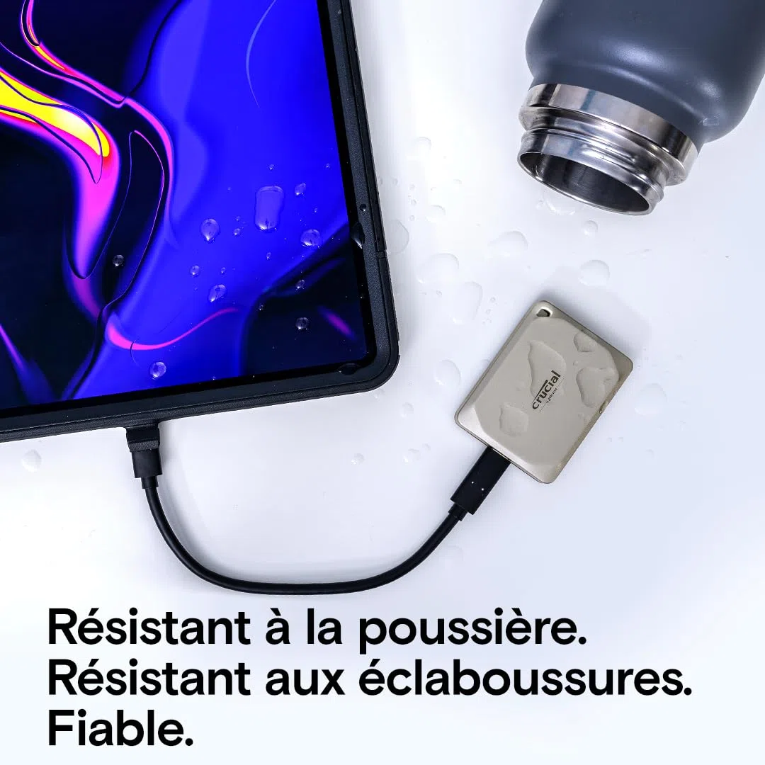 Crucial X9 Pro pour Mac 1To Disque SSD Externe Portable, Jusqu’à 1050Mo/s en Lecture et en écriture, prêt pour Mac, Résistance à l’Eau et à la poussière IP55, USB-C 3.2 - CT1000X9PROMACSSD9B02