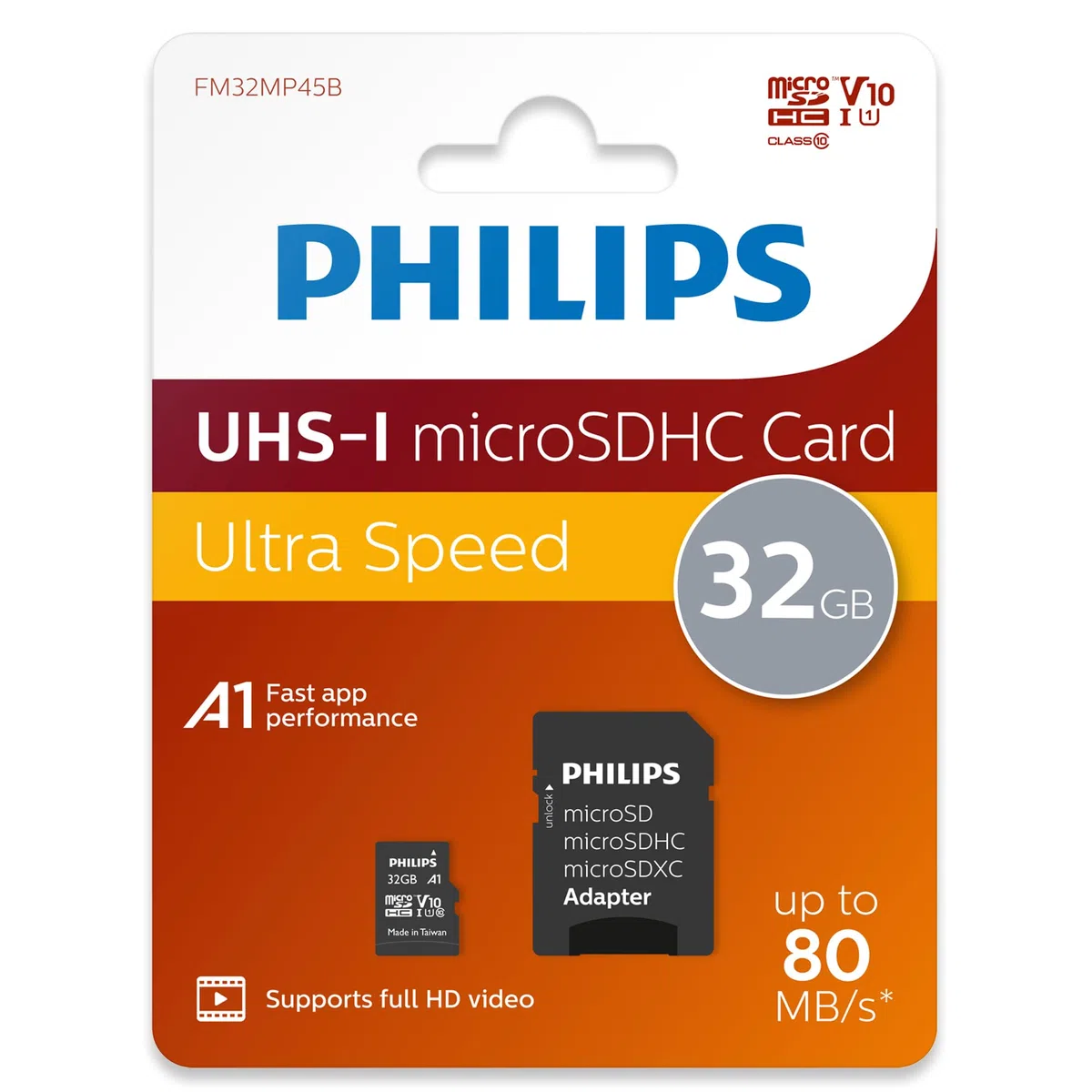 Philips Ultra Speed Carte microSDHC Card 32 Go + Adaptateur SD UHS-I U1, Vitesse de Lecture jusqu'à 80 Mo/s, A1 Fast App Performance, V10, Carte mémoire pour Smartphones, Tablette, PC, vidéo Full HD