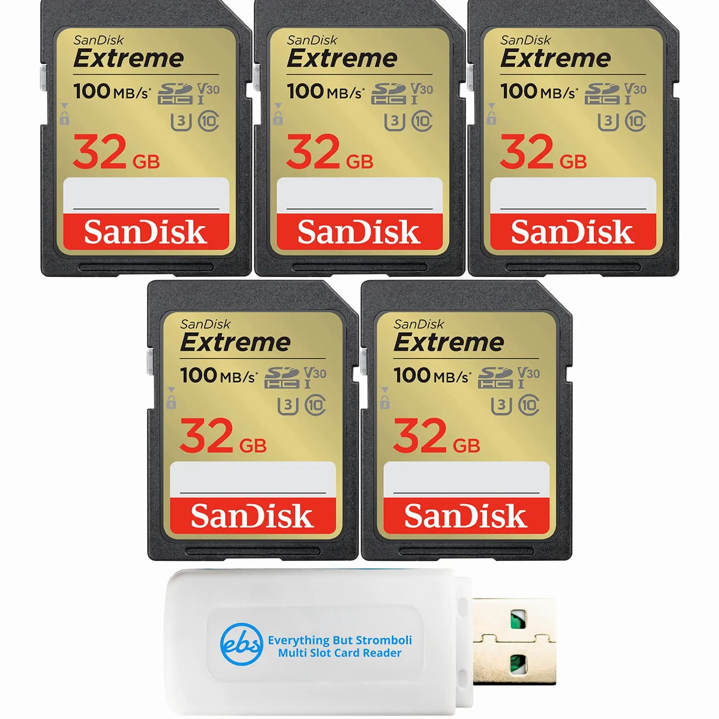 SanDisk Extreme Lot de 5 cartes mémoire SD de 32 Go pour travaux avec appareil photo numérique, ordinateur, caméras Trail (SDSDXVT-032G-GNCIN) Pack avec (1) Tout sauf Stromboli 3.0