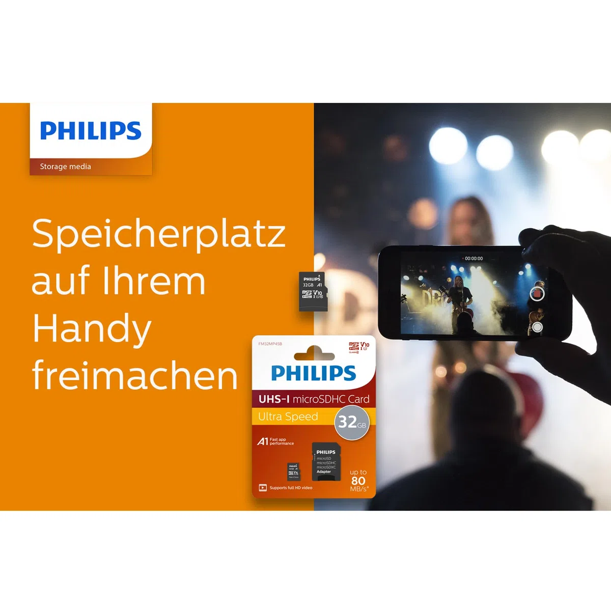 Philips Ultra Speed Carte microSDHC Card 32 Go + Adaptateur SD UHS-I U1, Vitesse de Lecture jusqu'à 80 Mo/s, A1 Fast App Performance, V10, Carte mémoire pour Smartphones, Tablette, PC, vidéo Full HD
