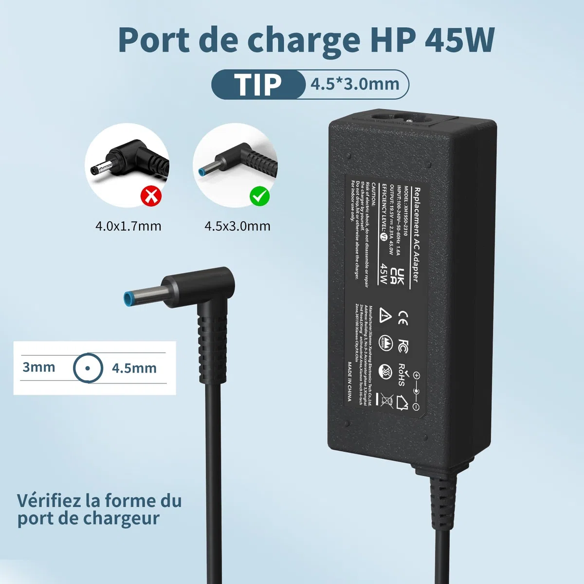 45W Chargeur Ordinateur Portable pour HP Elitebook 840 850 Pavilion x360 11 13 15 17 Probook 450 440 430 G3 G4 G5 G6 G7 G8 Stream 11 14 Envy/Spectre X360 13 15 Notebook Alimentation Adaptateur