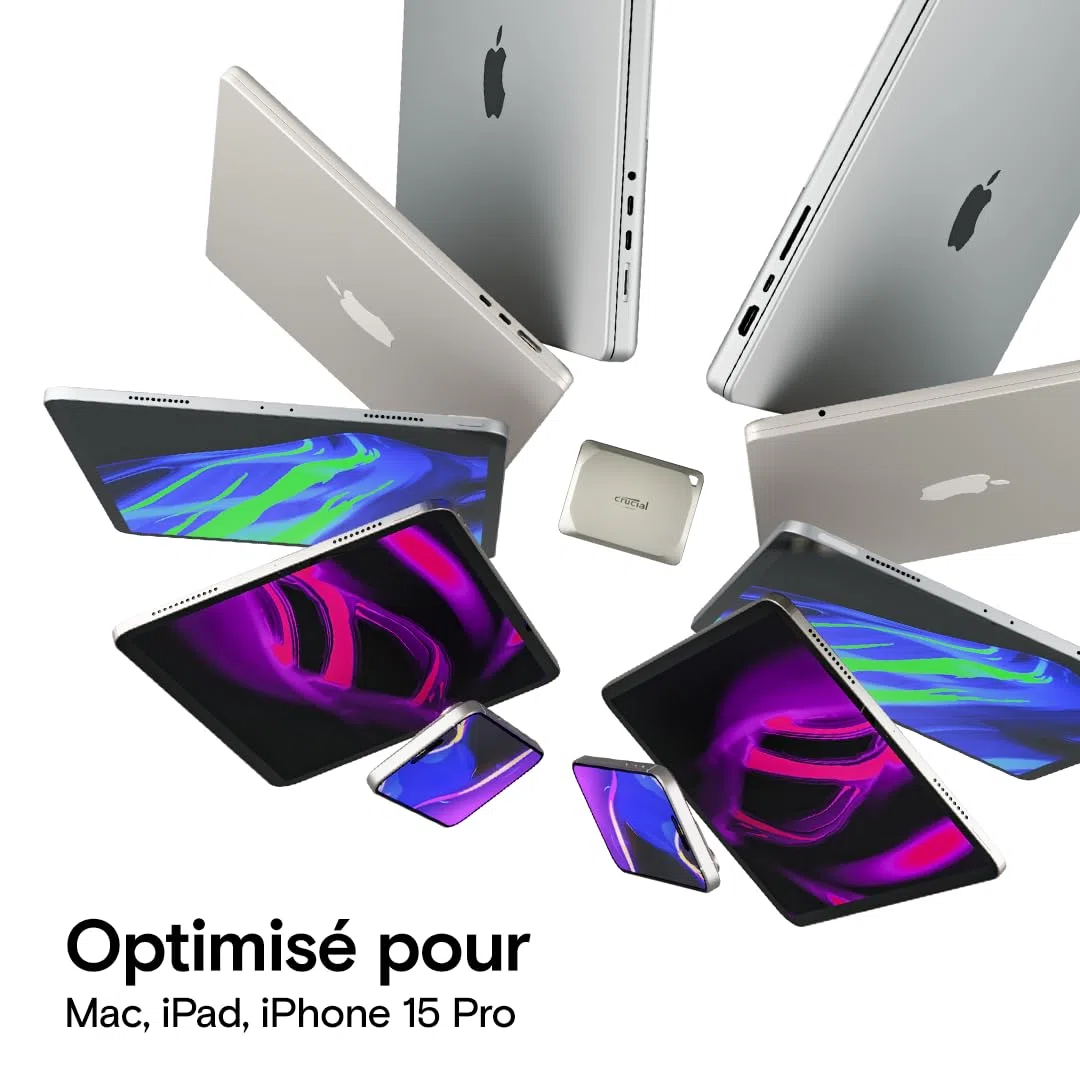 Crucial X9 Pro pour Mac 1To Disque SSD Externe Portable, Jusqu’à 1050Mo/s en Lecture et en écriture, prêt pour Mac, Résistance à l’Eau et à la poussière IP55, USB-C 3.2 - CT1000X9PROMACSSD9B02