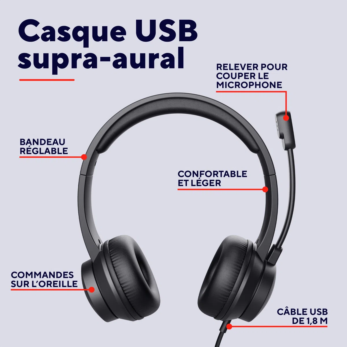 Trust Casque USB avec Micro Léger on Ear, Arceau Réglable, Microphone Flexible, Câble 1,8 m, Casque Audio PC Filaire pour Ordinateur Portable Bureau Teletravail Chat Zoom Teams - Noir